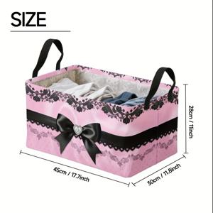 TEMU 1개 대형 접이식 메탈 프레임 보관 바구니 - 핑크 도트, 블랙 레이스 & 쥬얼리 리본 디자인, 옥스포드 폴리에스터 정리함 (책, 잡지, 홈 라이브러리 및 독서 코너 필수품), 우아한 손잡이 디자인, 내구성 있는 패브릭 소재