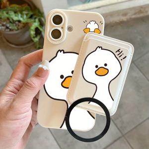 TEMU 아이폰 16 케이스: 조합 1개 럭셔리 고급 가죽 충격방지 풀커버 카툰 오리 패턴 자석 케이스 (아이폰 15 14 13 12 11 Pro Max XS XR 7 8 PLUS SE KM1 호환) & 1개 고품질 인조 가죽 자석 카드 클립 (1-3장 신용카드, 신분증, 카드 수납 가능)