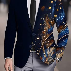 TEMU 다크 배경에 파란색 깃털과 금색 스파클이 돋보이는 캐주얼 남성용 디지털 프린트 정장. 몽환적인 요소와 추상적인 예술성이 있는 고급스러운 장식 패턴을 선보입니다. 이 뛰어난 디자인은 패션 매력과 스타일리시한 매력을 담고 있습니다.