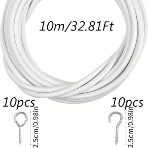 TEMU 이 10미터 커튼 스틸 와이어 로프는 눈금과 후크가 있는 흰색 커튼 스틸 스트랩 10쌍을 포함하며, 커튼 걸이, 쉬어 원단, 파티 장식, 정원 장식 또는 가정 프로젝트에 적합합니다.