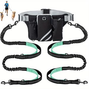 TEMU 2마리용 리플렉티브 스티칭 핸즈프리 개 목줄, 조절 가능한 허리 팩, 러닝·워킹·하이킹·조깅·자전거용 듀얼 번지, 고품질 튼튼한 구조, 애완동물 산책 장비, 두 마리 동반 가능, 반려견과 함께하는 하이커 및 러너를 위한 견고한 디자인
