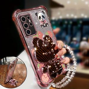 TEMU 폰케이스: 패션 반짝이 손목스트랩 귀여운 팬더 글리터 폰홀더 케이스, 갤럭시 S25 울트라 호환, 충격방지 방탄 백커버