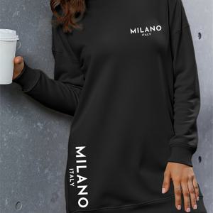 TEMU 2025년 유럽 및 미국 여성용 기모 안감 후드 스웨트셔츠 드레스 (레터 프린트), 두꺼운 후드 드레스, 롱 스타일, 트렌디 캐주얼 패션, 다용도 우아한 스타일