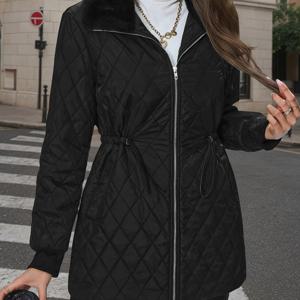 TEMU 패턴 심매끈 허리 드로스트링 플러시 칼라 스플라이스 지퍼 가디건 재킷