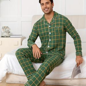 TEMU 남성용 그린 체크 무지 롱소매 로브 & 팬티 파자마 세트 2개