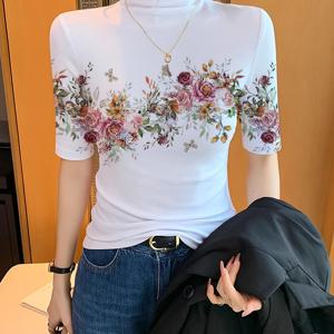 TEMU 여성용 플로럴 프린트 목폴라 슬림핏 미드슬리브 티셔츠, 캐주얼 반팔 여름 상의