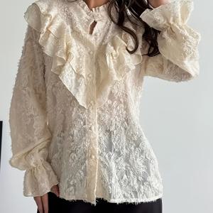 TEMU 여성용 우아한 빈티지 반투명 로열 셔츠 | 긴소매 버튼업 스탠드 칼라, 단색 디테일