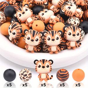TEMU 25개 만화 호랑이 실리콘 포커스 비즈 - 생생한 주황색 & 검정색 동물 테마 장식용 비즈, DIY 주얼리, 열쇠고리, 팔찌, 목걸이, 독특한 선물 아이디어용, 공예용 실리콘 비즈