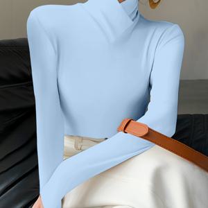 TEMU 여성용 캐주얼 라이트 블루 크로스넥 긴팔 풀오버 티셔츠, 활용도 높은 크로스넥 디자인, 신축성 있고 편안한 핏, 사계절용 캐주얼하고 편안함