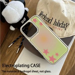 TEMU 휴대폰 케이스: 전기도금 접착제 낙하 방지 휴대폰 케이스, Apple 16ProMax/15Plus/14 호환, 핑크 그린 별 에폭시 수지 하드 쉘, 남자친구, , 자매, 가족을 위한 귀여운 휴일 선물