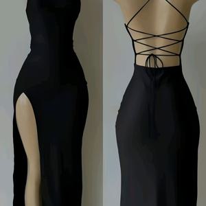 TEMU 우아하고 트렌디한 여성 슬림핏 백리스 롱 드레스 | 섹시한 스트래피 하이 슬릿, 솔리드 블랙 파티 스타일 봄/여름 드레스