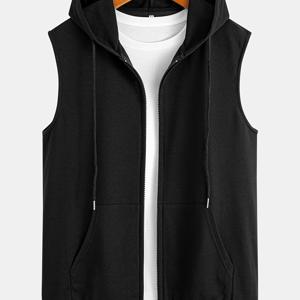 TEMU 남성용 폴리에스터 혼방 민소매 후드 스웨트셔츠 포켓 집업 가디건 조끼 자켓, 남성 캐주얼 스포츠 조끼