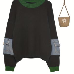 TEMU 여성용 루즈핏 풀오버 스웨터, 봄/가을 캐주얼 웨어, 긴소매, 스타일리시한 데님 패치워크 디자인, 부드럽고 섬세한 질감, 가을/겨울 레이어링에 적합