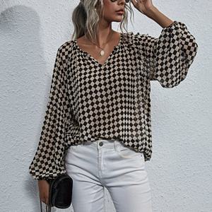 TEMU 우아한 디자인, 노치 체크 비숑 슬리브 쉬폰 셔츠, 긴팔 탑