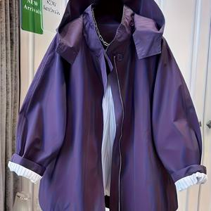 TEMU 여름/가을용 여성용 미디 기장 후드 트렌치 코트, 다용도, 루즈핏, 캐주얼하고 스타일리시한 재킷