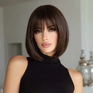 TEMU 12인치 딥 브라운 앞머리 모발 가발, 합성 섬유 재질, 가볍고 통기성 좋음, 가을/겨울 스타일리시 신제품, 뮤직 페스티벌 및 할로윈 파티에 완벽, 어버이날 선물로 좋음