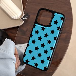 TEMU 휴대폰 케이스 - 아이폰 16 Pro Max/15 Plus/14에 적합한 전기 도금 에폭시 레진 낙하 방지 폰 케이스. 파란색 배경에 검은색 별 디자인. 남자친구, , 자매, 가족을 위한 귀여운 휴일 선물