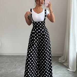 TEMU 여성용 도트 프린트 와이드 레그 점프수트 롬퍼