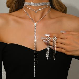 TEMU 여성용 주얼리 세트, 우아한 별 모양 귀걸이, 구리색 라인석 Y자형 목걸이, 데일리웨어, 결혼식, 연회, 할로윈 파티에 적합한 주얼리