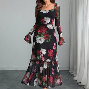 TEMU 여성용 고딕 엘레강스 A라인 웨딩 게스트 드레스 - 플로럴 프린트 & 쉬어 패널, 스퀘어 넥 롱 슬리브, 웨이스트 신칭 헴, 기계 세탁 가능, 프로미, 포멀 이벤트용 (봄/가을) - 레이스 느낌의 네트 소재