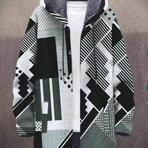 TEMU 남성용 3D 프린팅 패션 가디건 코트, 레트로 기하학적 그라데이션 디자인, 플러시 두꺼운 소재, 긴 소매, 지퍼가 달린 따뜻한 후드, 겨울에 완벽