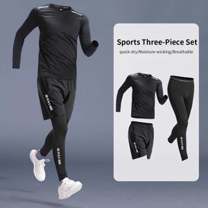 TEMU 3pcs 남성용 프린트 퀵 드라이 스포츠 세트 | 긴팔 티셔츠, 통기성 반바지, 농구, 피트니스, 러닝, 사이클링용 하이 스트레치 레깅스