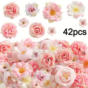 TEMU 공예용 조화 42개 세트 – 장미, 데이지, 소형 꽃 머리 대량 포함 (결혼식, 졸업 모자, 케이크 토퍼, 파티 장식용)