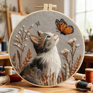 TEMU 성인 초보자용 자수 키트, 나비와 고양이 사전 인쇄 패턴 포함. 인쇄된 패턴, 바늘, 충분한 실, 자수틀, 단계별 설명서가 포함되어 있습니다. 자수 스티치 연습용으로 이상적이며, 가정, 정원, 사무실 장식에 적합합니다