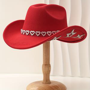 TEMU 1 웨스턴 파티 모자, 풀 라인스톤 별과 하트 액세서리, 펠트 모자, 여성 모임, 파티, 휴가용 다용도 패션, 화이트, 블랙, 핑크, 레드, 다크 브라운