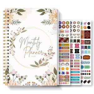 TEMU 1개 2026 월간 플래너 A5, 2026년 1월–12월 캘린더 오거나이저, 월간 페이지 포함, 스파이럴 바인딩 아젠다 노트북, 우아한 플로럴 커버, 사무실, 학교, 개인 계획용, 스티커 3개 포함