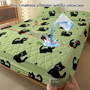 TEMU 심플하고 모던한 피부 친화적이며 통기성이 좋고 부드럽고 편안한 사선 격자무늬 그린 베이스에 블랙캣 패턴 중간층이 있는 매트리스 프로텍터 1개. 침실용 프린트 침대 커버, 매트리스 커버 또는 매트리스 보호대. 매트리스를 보호합니다. 침구류는 베개 커버를 포함하지 않음