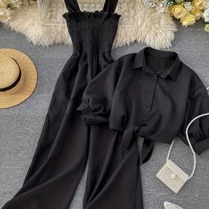 TEMU 패션 솔리드 컬러 투피스 세트, 와이드 레그 점프수트 + 매듭 셔츠, 봄 여름 가을용