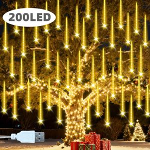 TEMU USB 크리스마스 폭포 조명, 200 LED 크리스마스 메테오 샤워 스트링 조명, 행잉 플로우 조명, 8개 튜브, 멀티 컬러, 크리스마스, 결혼식, 가을, 정원 나무, 크리스마스 파티, 홈 데코레이션에 적합 (연결 가능)