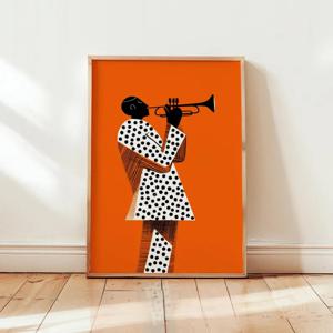 TEMU 2D 플랫, 2D 플랫, 1개 현대 재즈 트럼펫 연주자 아트워크: 오렌지 및 블랙 음악 테마 벽 포스터, 가정 장식용 캔버스 그림, 액자 없음