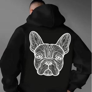 TEMU 이 남성 패션 긴팔 후드티는 드로스트링과 '프렌치 불독' 프린트가 특징이며, 애완 동물 문화와 스트리트 스타일의 일반적인 혼합을 보여줍니다.