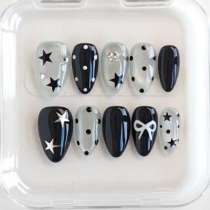 TEMU Toitoi | 핸드메이드 아크릴 웨어러블 네일 - 짧은 아몬드 모양, 은회색과 검은색 대비로 디자인, 별과 물방울 무늬 패턴, 입체적인 리본, 라인스톤 장식 - 우아한 수제 인조 네일