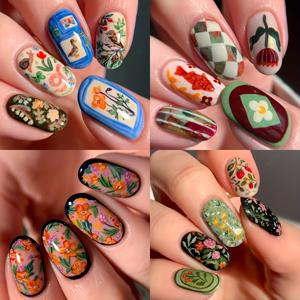 TEMU 4가지 스타일의 짧은 아몬드 모양, 레트로 플로럴 디자인, 딸기, 오리, 작은 물고기, 낙서 꽃, 작은 새, 달팽이 등이 포함된 96개 네일 세트입니다. 이 웨어러블 네일은 겨울과 봄에 적합합니다.