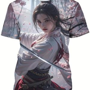 TEMU 일본 사무라이와 벚꽃 디자인의 남성용 티셔츠 - 부드럽고 통기성이 좋은 소재로 제작된 풀 바디 그래픽 티, 레귤러 핏 디자인. 캐주얼 웨어, 코스프레, 테마 이벤트에 적합합니다.