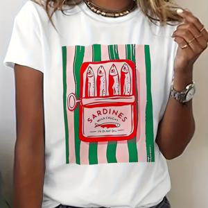 TEMU 여성용 청어 레트로 그래픽 티셔츠 - 반팔 크루넥 캐주얼 여름 상의, 청어 캔 아트 프린트, 비-피쉬 디자인, 비치웨어 & 캐주얼 의상, 세탁기 사용 가능, 편안한 핏