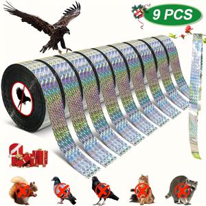 TEMU 새를 쫓는 반사 테이프 9롤 세트 (총 450미터). 이 양면 테이프는 참새, 비둘기, 오리, 나무새에 효과적이며 가정, 정원, 농장, 과수원을 포함한 야외 환경에 적합합니다.