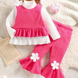TEMU 아기 여아용 핑크색 세트 (화이트 안티셔츠, 골지 조끼, 트럼펫 바지), 3D 플로럴 장식, 귀엽고 사랑스러운 야외복