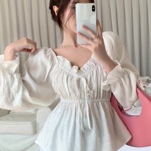 TEMU 여름 여성 의류로 적합한 방향성 있는 우아한 캐주얼 단색 허리 집어넣는 2In1 긴팔 셔츠, 러플 오프숄더 백-아웃fit
