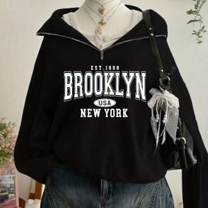 TEMU 세련된 영어 레터 프린트가 돋보이는 지퍼형 넥라인이 특징인 패셔너블한 여성용 스웨트셔츠. 캐주얼하고 트렌디한 출퇴근룩에 완벽합니다.