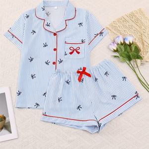 TEMU 여성용 블루 리본 프린트 파자마 세트 2pcs, 반팔 가디건과 신축성 허리밴드 반바지, 봄, 여름, 가을용 편안한 수면복 및 캐주얼 라운지웨어, 편안한 원단, 버튼 디자인, 신축성 허리밴드, 주문 환영