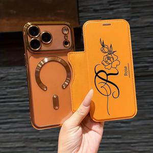 TEMU 폰 케이스: 맞춤형 이름 글자 장미 패턴 가죽 느낌 골든 쉴드 투명 플립 커버 비즈니스 스타일 아이폰 17 16 15 14 13 12 11 프로 맥스 플러스 호환 개인화 카드 슬롯 브래킷 디자인 자석 무선 충전 17 에어