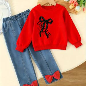 TEMU 여아용 편안하고 캐주얼한 패션 리본 프린트 T넥 귀여운 스웨터-부드러운 데일리 베이직 모델, 캐주얼 및 정장용으로 적합-통기성 좋은 조커, 다기능 상의, 옷장