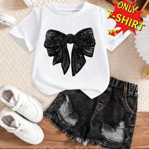 TEMU 여아용 원피스 화이트 캐주얼 리본 프린트 티셔츠, 부드럽고 편안한 원단, 심플한 봄 여름 데일리웨어 및 캐주얼 의상, 일상적인 야외 활동복으로 적합