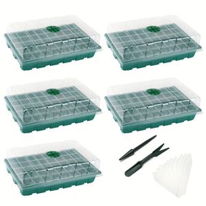 TEMU 5세트 씨앗 발아 트레이 키트, 습도 덤과 받침대가 있는 튼튼한 식물 발아 트레이, 씨앗 발아, 실내 가꾸기 및 온실에 적합 (총 200구), 식물 라벨 및 심기 도구 포함