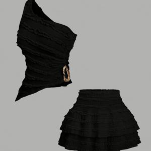 TEMU 여성용 신상 봄/여름 단색 비대칭 오프숄더 스위트 섹시 원숄더 링 장식 크롭 민소매 탑 & 하이웨이스트 크롭 러플 밑단 핫 스타일 미니 스커트 2피스 세트