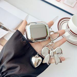 TEMU 리본 펜던트, 하트 액세서리 헤드폰 커버가 있는 솔리드 실버 헤드폰 케이스, 에어팟 1/2/3/4/Pro 헤드폰 케이스에 적합한 전기 도금 헤드폰 보호 커버